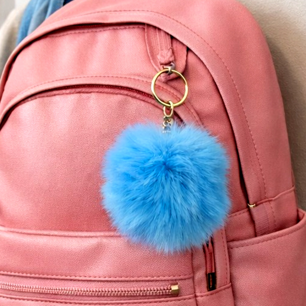 Blue Faux Fur Pom Pom Keychain Fluffy Puff Ball Gold Ring Bag Charm Gift New